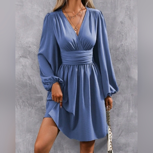 NEW Chic Ruched Waist Lantern Sleeve Dress Blue - Picture 7 of 9